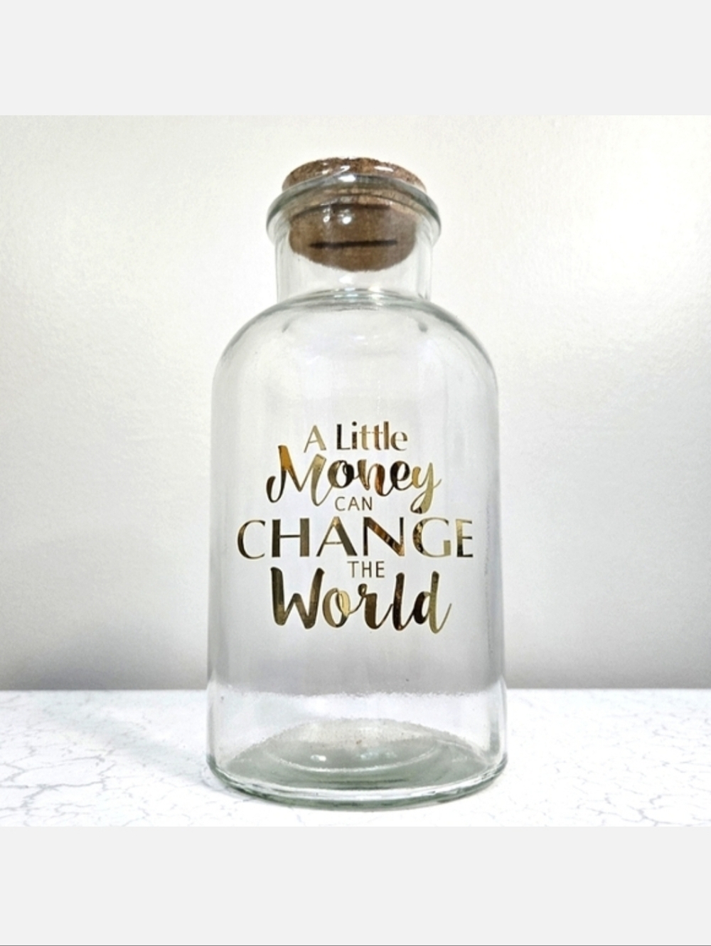 Glass | Cork "A Little Money Can Change The World" Coin/Money Bank ~ NWT